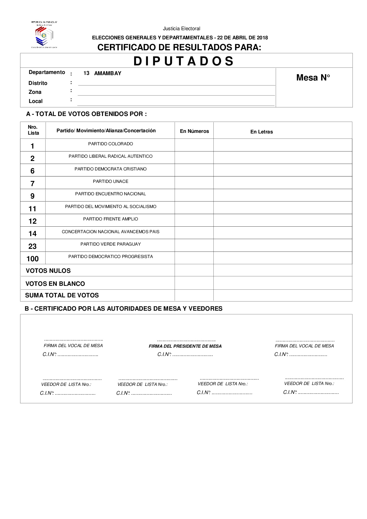 Certificado de Resultados Para Diputados de AMAMBAY
